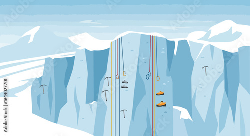 Challenging Ice Climbing Adventure With Gear On A Frozen Cliff In The Mountains