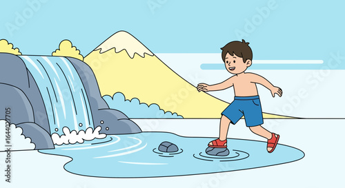 Cheerful young boy explores nature by walking across a stream near a waterfall illustration