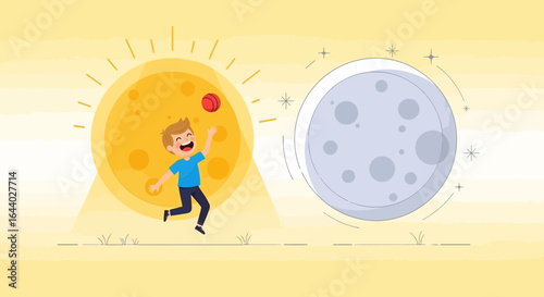 Cartoon illustration portraying day and night with a boy playing under the sun and moon