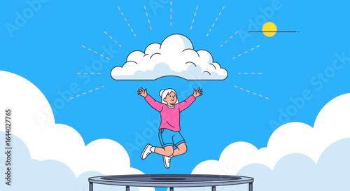 Cheerful young woman jumping on a trampoline reaching for the clouds on a sunny day showcasing carefree joy and boundless energy