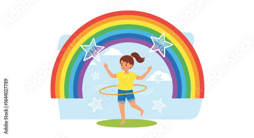 Cheerful young girl with hula hoop against a bright rainbow and shining stars backdrop illustration vector design concept