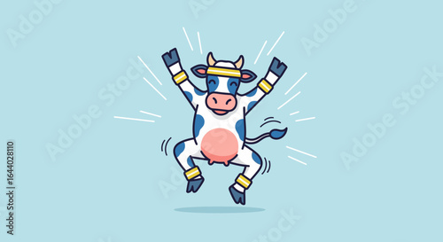 Cartoon joyful dairy cow jumping in happiness with a blue background, representing farm animals