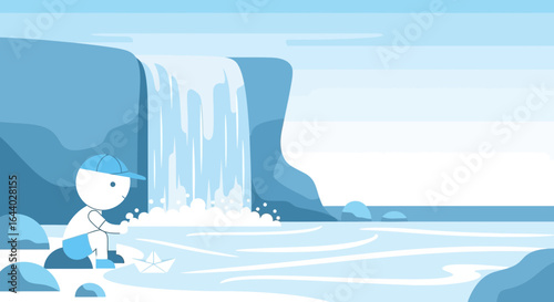 Childhood adventure in a serene landscape: a boy plays with a paper boat near a waterfall