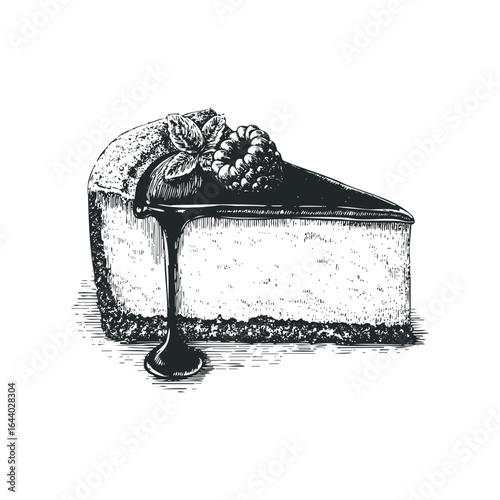 Slice of cheesecake with berry and dripping sauce in sketch style
