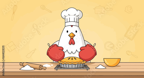 Charming Cartoon Illustration of a Chicken Chef Presenting a Delicious Homemade Pie