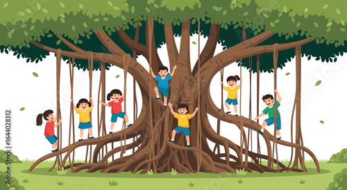 Children's Fun Adventure: Playful Cartoon Kids Exploring and Climbing a Large Banyan Tree
