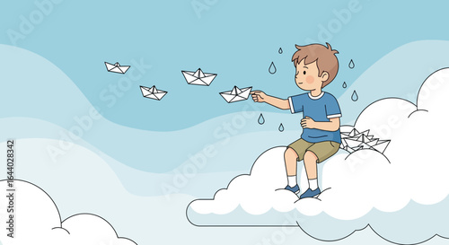Child's imagination soars with paper boats in a whimsical cloudscape dreamscape illustration