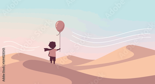 Child's Imagination: Boy with Balloon in Desert Adventure illustration with subtle color palette, evoking a sense of wonder and limitless possibilities