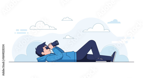 Cartoon man with binoculars lying on the ground looking for opportunity concept
