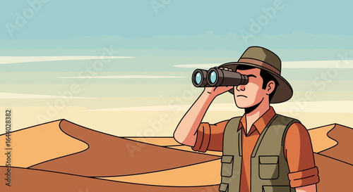 Cartoon man with binoculars searches the desert for adventure under a bright blue sky