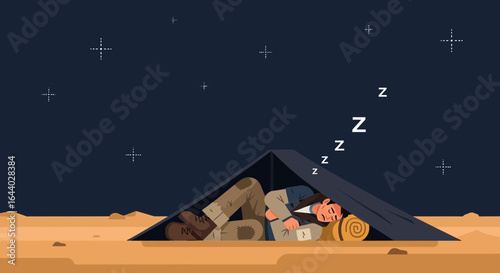 Cartoon man sleeping in tent under stars on a camping trip illustrating outdoor adventure and overnight stay