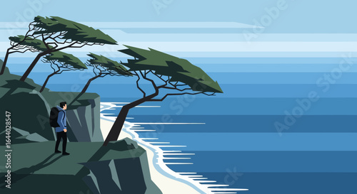 Coastal cliff landscape with a hiker enjoying the breathtaking ocean view and trees
