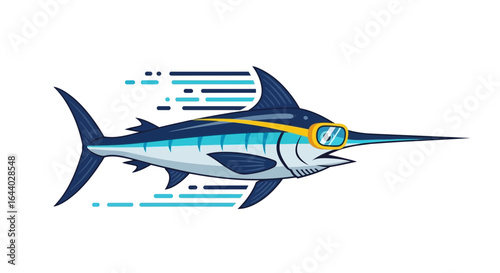 Cartoon marlin swimming fast wearing sunglasses illustration for summer vibe design