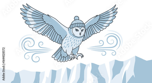 Charming cartoon owl with winter hat flying over icy mountains during a cold winter weather illustration