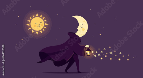 Cartoon moon character walking with a lantern under the smiling sun and starry night sky illustration