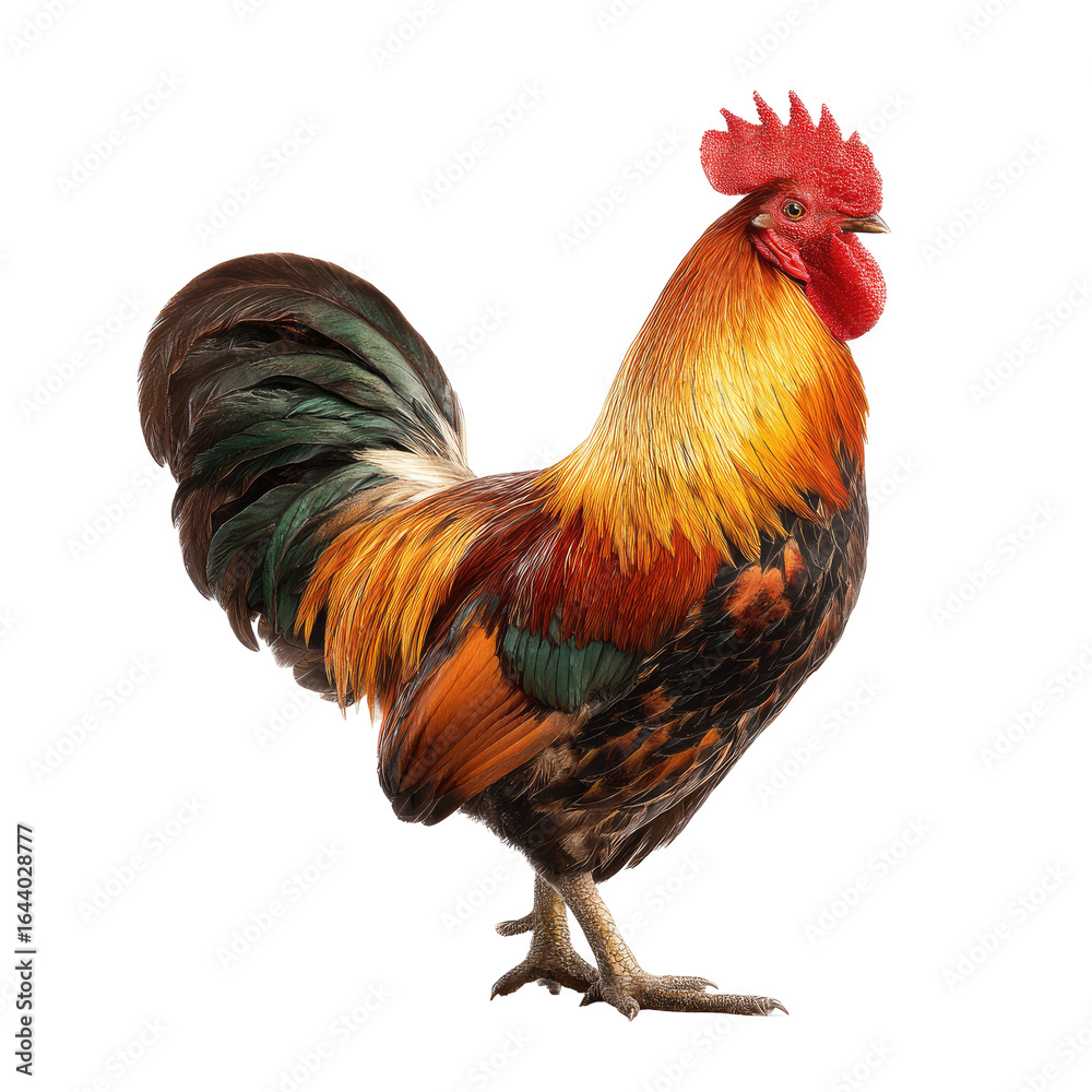 Fototapeta premium Rooster crows, farm animal, studio shot, black background, agriculture