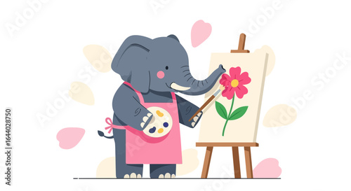Charming Elephant Artist at Work Painting a Flower on Canvas Illustration