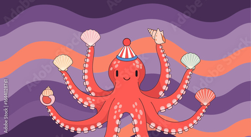 Cartoon octopus with party hat holding seashells is ready for an underwater bash