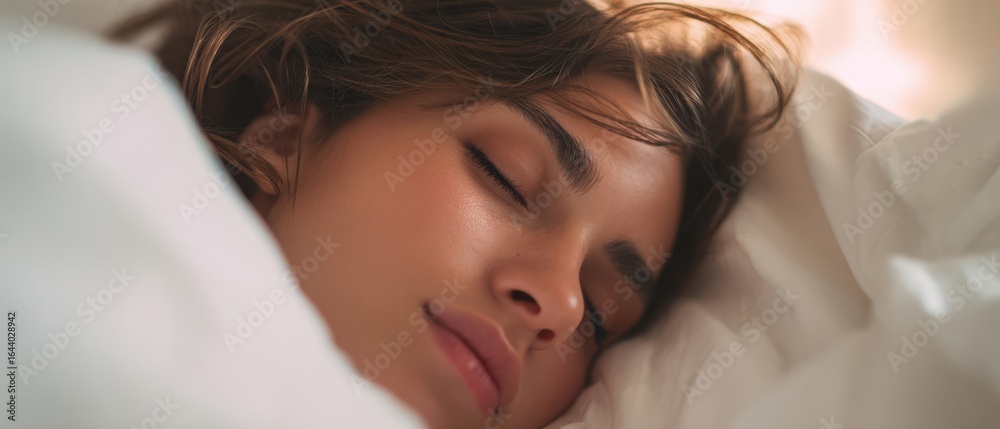 Obraz premium The serene beauty of a woman peacefully sleeping in cozy surroundings.