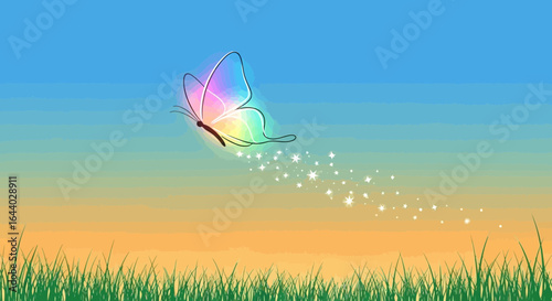 Colorful butterfly illustration soaring over a meadow with sparkling trails creating a magical ambiance