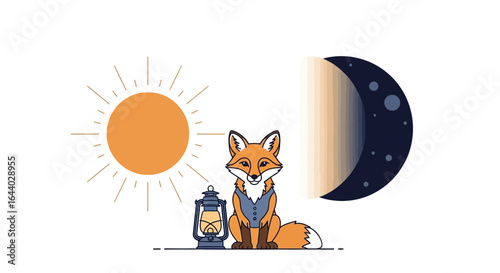 Charming fox illustration with sun moon and lantern creating a whimsical atmosphere in a modern design