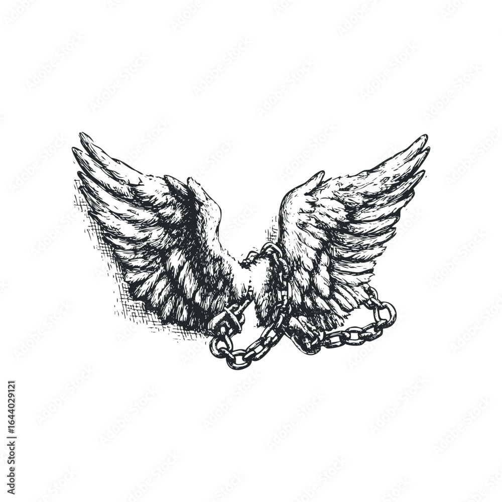 Obraz premium Engraved Winged Angel with Binding Chain Symbolizing Struggle