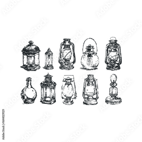 Collection of vintage kerosene lamps and glass bottle sketch