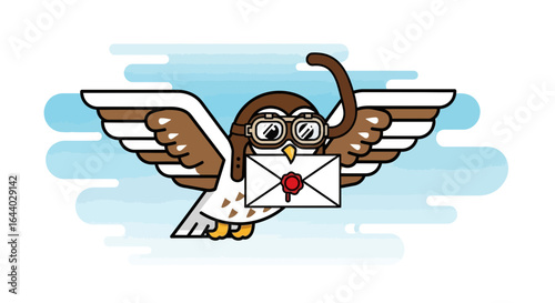 Cartoon Owl Pilot Delivering a Sealed Envelope Through the Sky with Blue Background