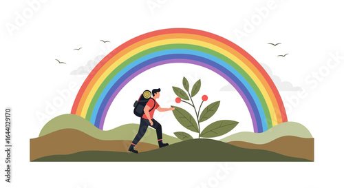Colorful Hiking Adventure: A Trekker's Journey Under the Rainbow in Nature