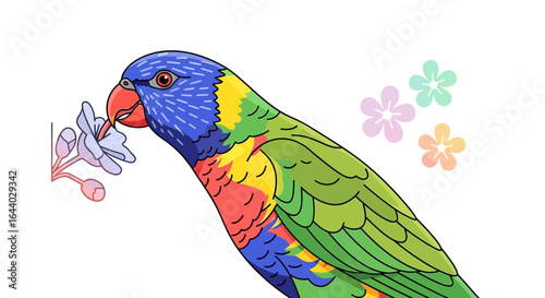 Colorful lorikeet illustration enjoying flower nectar in a vibrant and charming composition