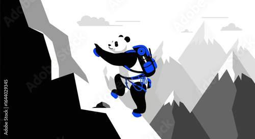 Cartoon panda character alpinist climbing mountain with backpack and safety equipment towards the peak adventure and challenge