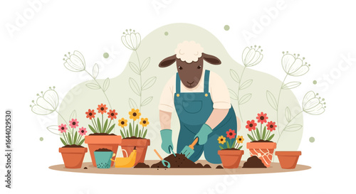 Charming illustration of a sheep in overalls gardening with potted flowers and tools showing the joy of cultivating nature