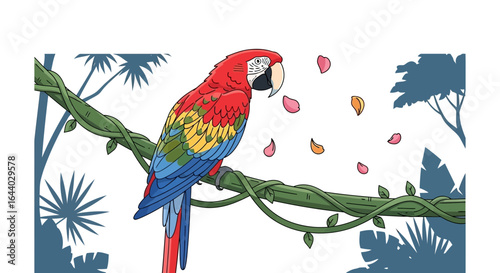 Colorful scarlet macaw illustration perched on a vine with tropical background scene