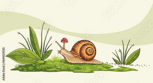 Charming illustration of a snail carrying a mushroom on its back in nature
