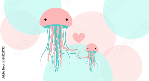 Charming jellyfish family illustration with soft pastel colors and playful bokeh elements creates an affectionate underwater scene