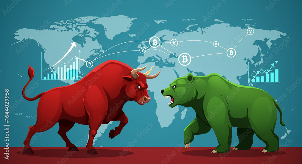 Obraz premium A red bull and a green bear face off, symbolizing the bullish and bearish trends in the global stock market, set against a world map background.