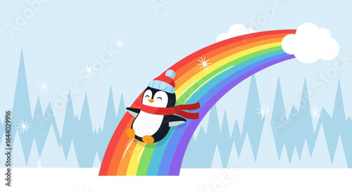 Cartoon penguin sliding down a rainbow in a winter wonderland of snow-capped trees