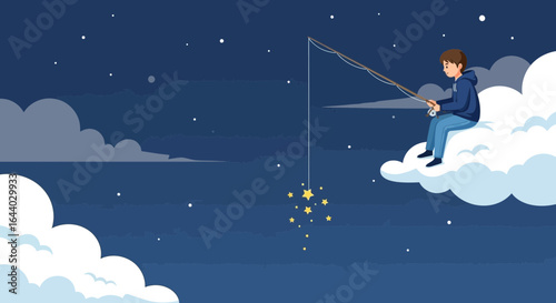 Conceptual illustration of a boy fishing for stars while sitting on a cloud at night