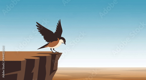 Conceptual illustration of a bird taking flight from a cliff edge in a desert landscape showcasing resilience and new beginnings