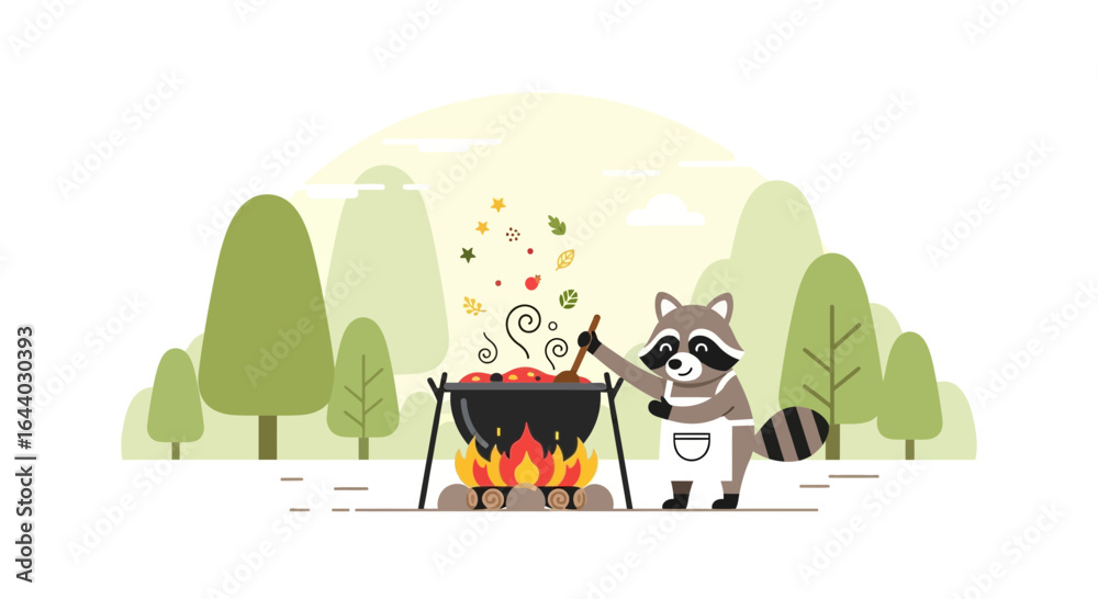 Fototapeta premium Cartoon raccoon chef preparing delicious food outdoors, in a forest illustration