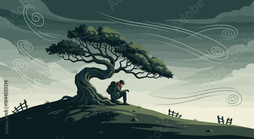 Contemplative traveler seeking respite under a windswept tree on a hilltop landscape