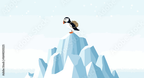 Cartoon puffin with a backpack stands atop an iceberg in a snowy arctic landscape showcasing nature's beauty and adventure