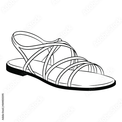 Elegant black line drawing of a women s strappy flat sandal