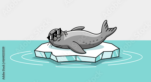Cool seal chilling on an ice floe wearing sunglasses in a changing arctic landscape