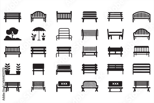 Set of park bench icons, including various bench styles, trees, and planters in black silhouette