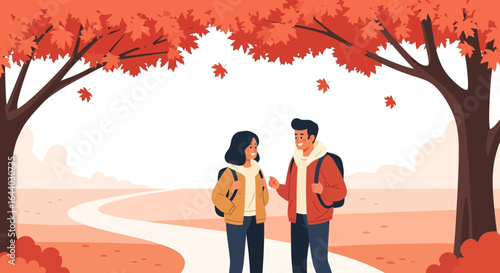 Couple enjoying autumn walk in the park, illustration of outdoor leisure and fall season, happy people strolling beneath colorful trees