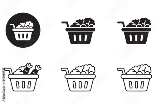 Black and White Vegetable Basket Icons for Grocery and Health Concepts