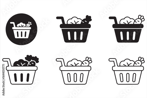 Fresh Produce Basket Icons for Organic Food and Market Design