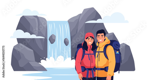 Couple enjoying the beauty of nature with a stunning waterfall view in vector illustration