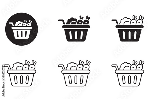 Set of Grocery and Vegetable Basket Icons in Black and White